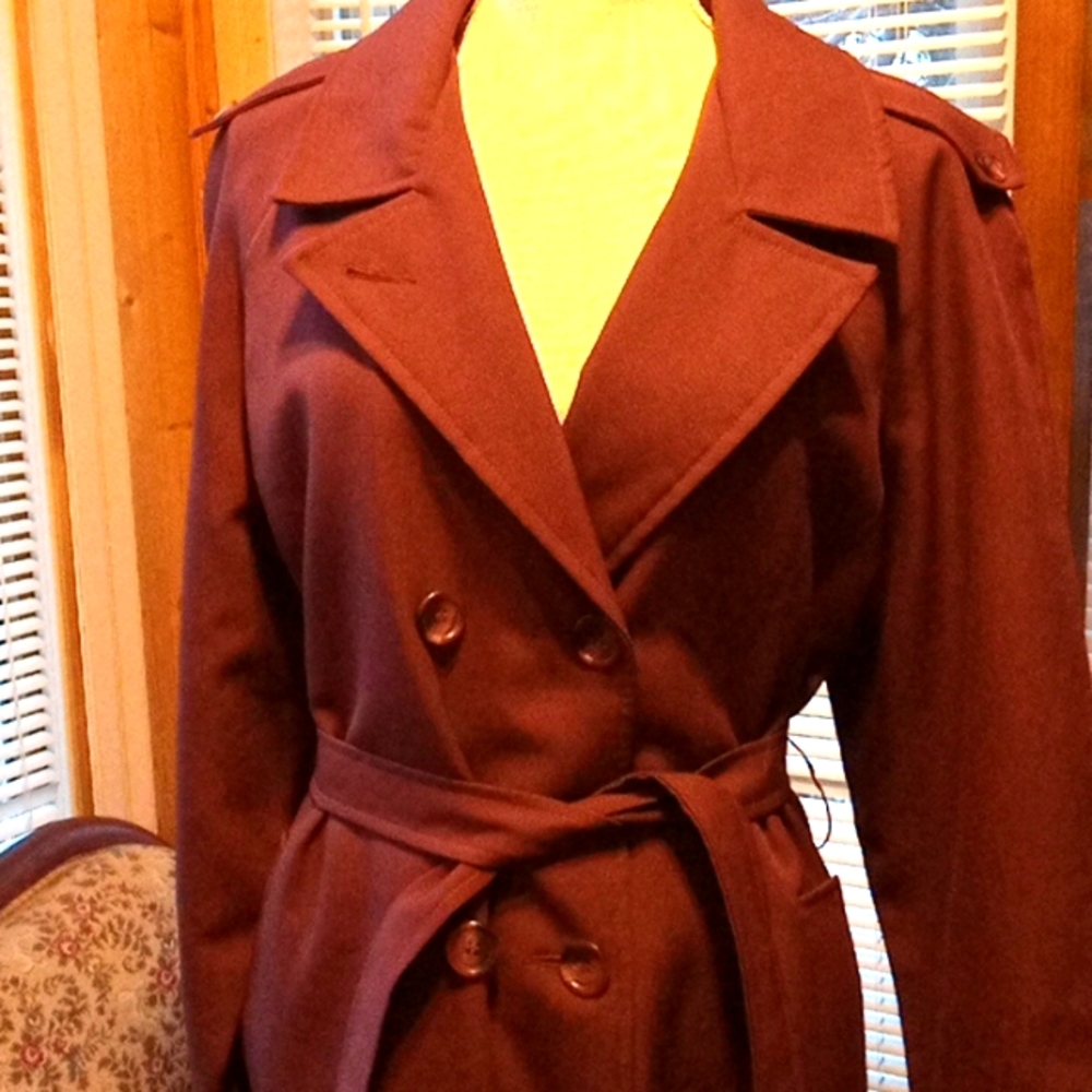 Double breasted maroon rain coat